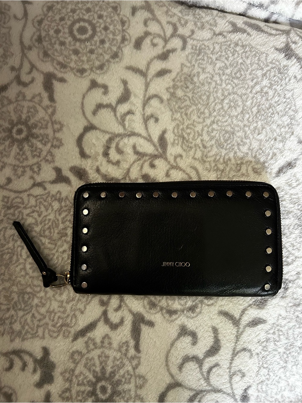 Jimmy Choo Black Leather Studded Zip Wallet with Wrist Strap